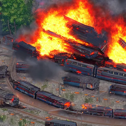 Prompt: a stack of dumpsters in flames located at the middle of a train wreck trending on artstation 4 k detailed sharp high detail