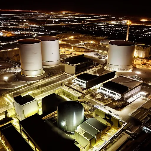 Image similar to photo of an inside nuclear power plant at night birdseye view inception cinematic