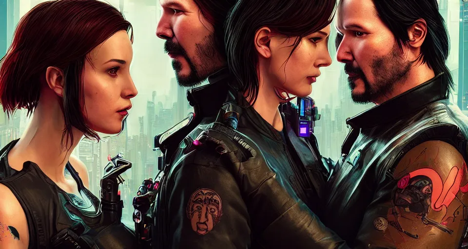 Image similar to a cyberpunk 2077 srcreenshot couple portrait of a Keanu Reeves and a female android in final kiss,love,film lighting,by Laurie Greasley,Lawrence Alma-Tadema,Dan Mumford,John Wick,Speed,Replicas,artstation,deviantart,FAN ART,full of color,Digital painting,face enhance,highly detailed,8K,octane,golden ratio,cinematic lighting