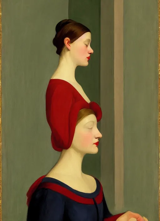 Image similar to portrait of young woman in renaissance dress and renaissance headdress, art by edward hopper