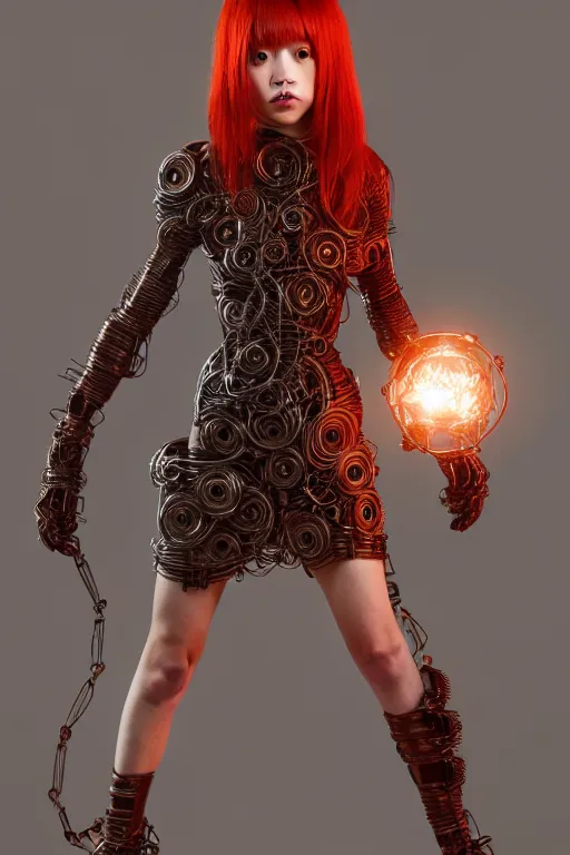 Image similar to redhead girl in ornate short dress made of wire and leather, character concept, angry light, dark mood, realistic body features and face, illustration, painting oil on canvas by Ayami Kojima and Tomoyuki Yamasaki and Tsutomu Nihei, octane render trending on artstation, 4k, 8k, HD
