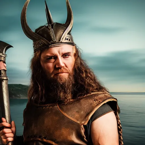 Image similar to a viking wearing a heavy metal and also make the face look good the viking is standing on a cliff the background is a huge sea interact with the lighting photo - realistic 4 k