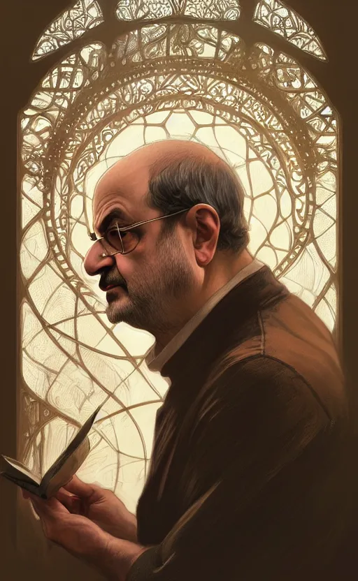 Image similar to portrait of salman rushdie, deep focus, d & d, fantasy, intricate, elegant, highly detailed, digital painting, artstation, concept art, matte, sharp focus, illustration, art by artgerm and greg rutkowski and alphonse mucha