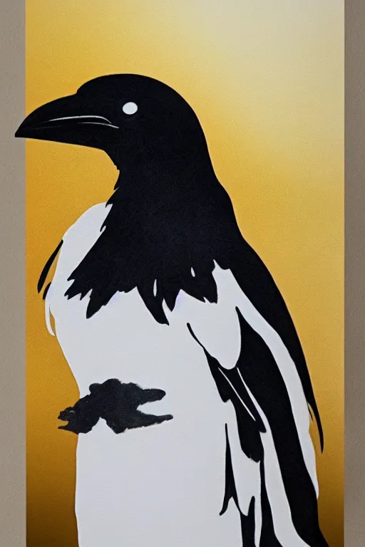 Prompt: beautiful serene smart raven, healing through motion, minimalistic golden ink airbrush painting on white background, studio ghibli