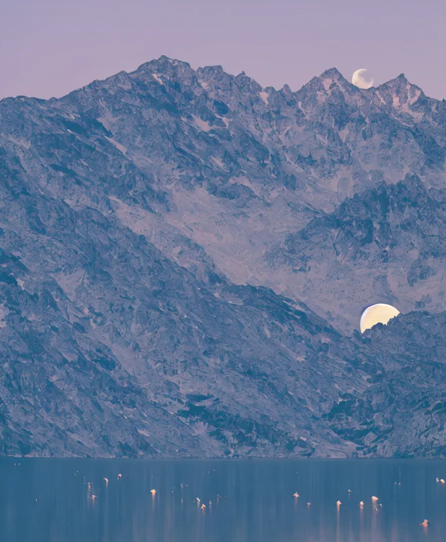 Prompt: a dslr hd picture of full moon rising between mountains, colorful birds flying around moon, moon light shining on mountains and lake below, highly detailed