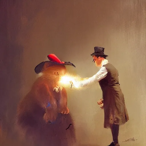 Image similar to a magician pulling a hat out of a rabbit painted by greg rutkowski wlop