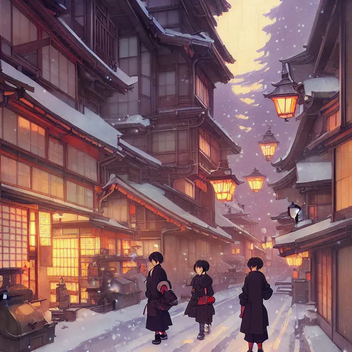 Image similar to japanese big city, winter, in the style of studio ghibli, j. c. leyendecker, greg rutkowski, artem