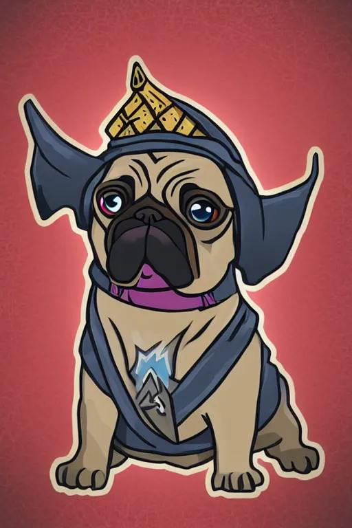 Image similar to Portrait of a pug that is a wizard casting a spell , wizard, medieval, sticker, colorful, casting epic spell, magic the gathering artwork, D&D, fantasy, artstation, heroic pose, illustration, highly detailed, simple, smooth and clean vector curves, no jagged lines, vector art, smooth