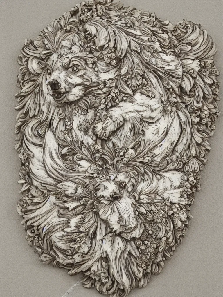 Prompt: beautiful decorative ornament with a spirit bear, decorative design, classical ornament, bilateral symmetry, highly detailed etching, marble carving