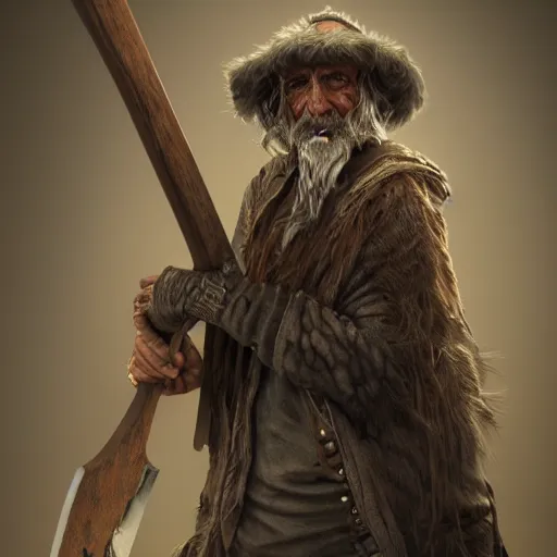 Prompt: realistic a human hobo druid with an axe beak, fantasy book, high detail, 8 k, octane render painting, dark fantasy