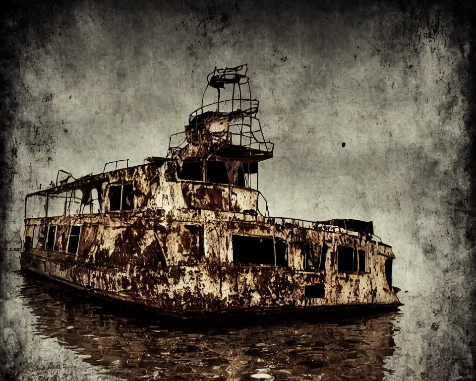 Image similar to a horror movie poster featuring a abandoned barge