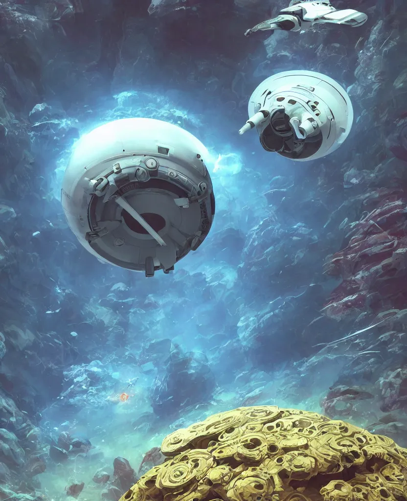 Image similar to white disc - shaped spacecraft submarine, fusion of subnautica and star trek, flying through a spectacular exotic underwater coral canyon, kelp forest, schools of fish, in the style of john eaves ron walotsky ralph mcquarrie, soft natural volumetric lighting, realistic 4 k unreal engine 5 beautifully detailed render, 4 k post processing, trending on artstation