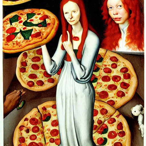 Image similar to skinny lady with red hair covered by pizzas in Hell, painted in style of Hans Memling