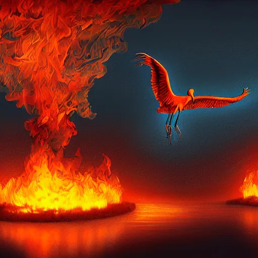 Image similar to in the lower part of the picture is the harp burning in the fire, above are cranes flying in flames, digital painting, concept art