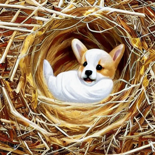 Prompt: concept art of a baby corgi emerging from an egg in a nest, anne geddes