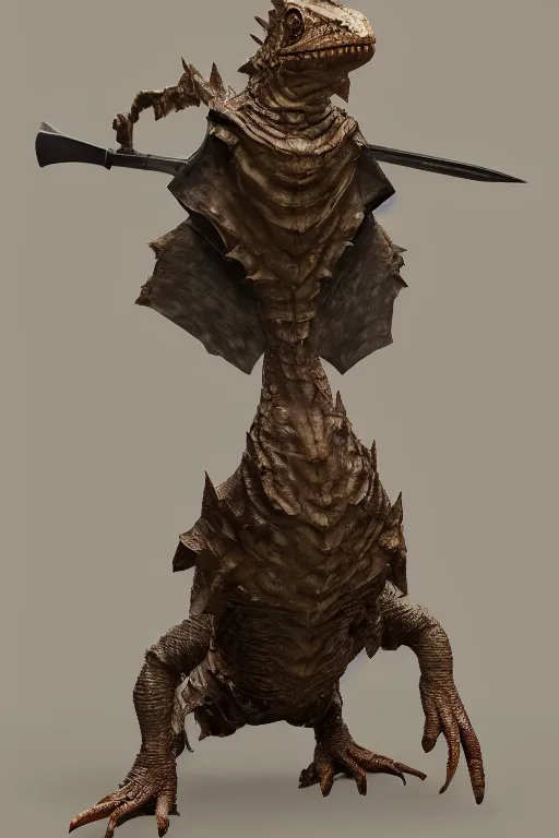 Image similar to a frilled neck lizard wearing leather armor and holding a sword, unreal engine, volumetric lighting, artstation