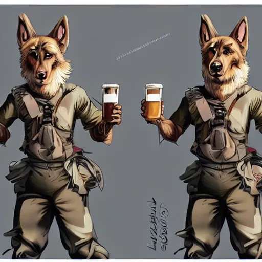 Image similar to two humanoid german shepherds beast - men in military style, they holding a beer, artstation, concept art, smooth, sharp foccus ilustration, artstation