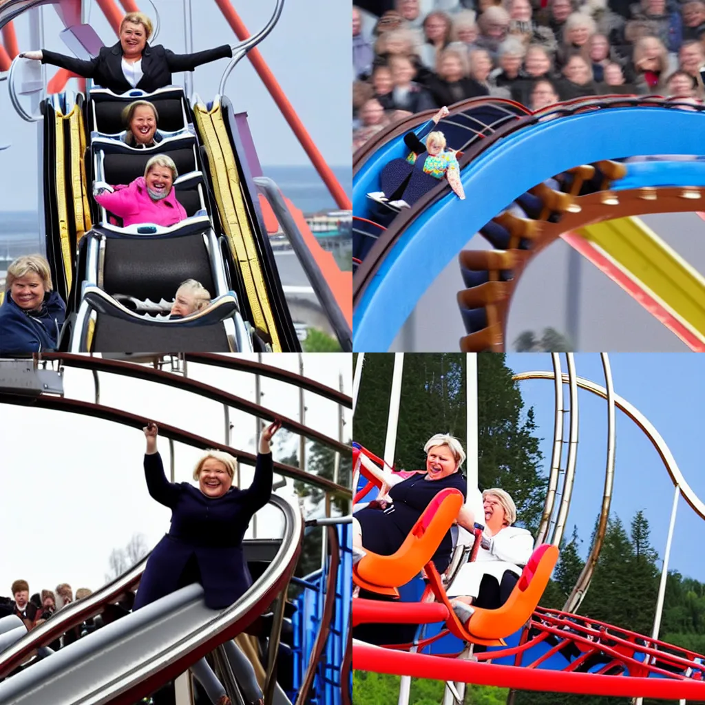 Prompt: Erna Solberg riding a roller-coaster by herself