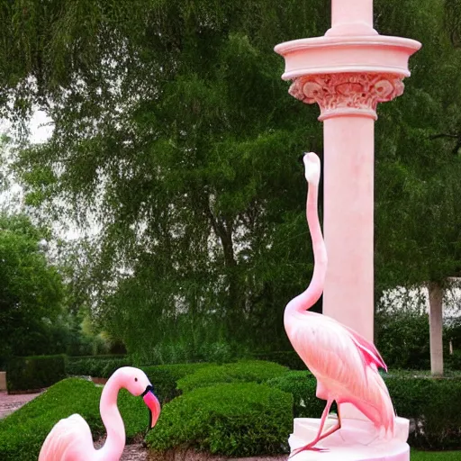 Image similar to a marble statue of a flamingo painted in a rose pink shade, close-ups, varying angles, warm lighting,