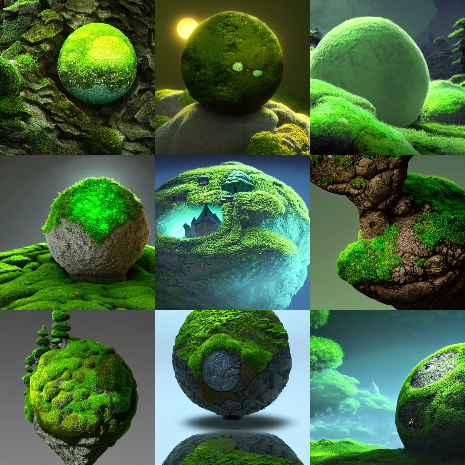 Prompt: closeup illuminated protection stone sphere covered with moss, in gentle green dawn light, eyvind earle, studio ghibli painting, cinematic lighting, volumetric lighting, smooth, sharp focus, highly detailed, render in unreal engine 5, artstation, deviantart, behance, trending, epic composition, octane, light rays, award - winning