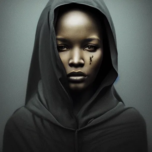 Image similar to a portrait of a young black woman wearing a long dark cloak, hood and shadows covering face, anatomically correct, beautiful perfect face, enigmatic, oil painting, matte painting, black background, Volumetric dynamic lighting, Highly Detailed, Cinematic Lighting, Unreal Engine, 8k, HD, by Beksinski