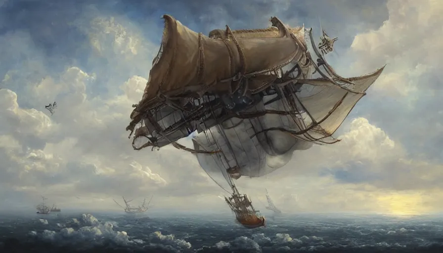 Image similar to a large pirate airship flying among the clouds, soaring through the sky, realist painting, pirate, beautiful, highly detailed, trending on art station