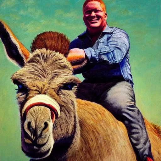 Prompt: brock lesnar riding a donkey, painting