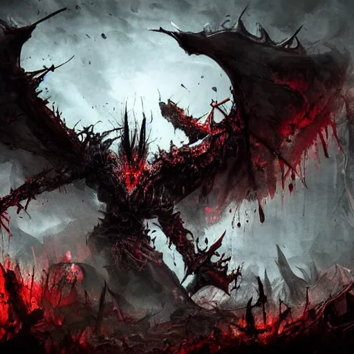 Image similar to chaos, night, rot, blood, epic art, dark souls, highly detailed