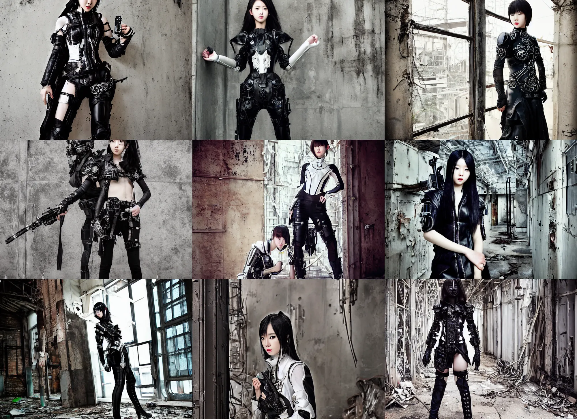 Prompt: beautiful ulzzang with white majestic ornate sci - fi tactical gear, black leather garment, full shot fashion photography, dark abandoned cyberpunk factory, by irving penn and storm thorgerson, ren heng, peter elson,