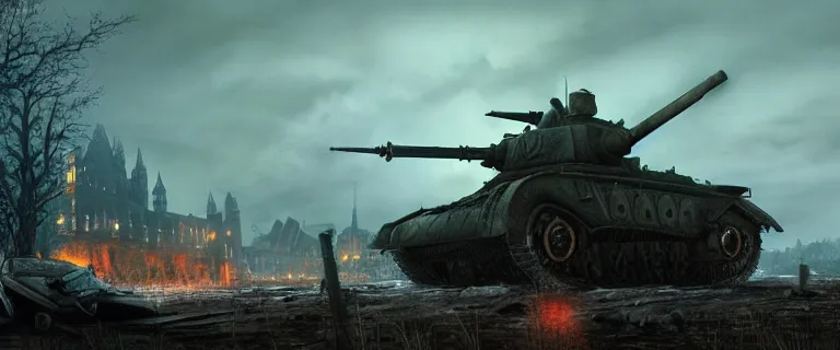 Image similar to Panzer VIII Maus (1944), Dark Souls 3, a grim fantasy, Anor Londo, dramatic lighting, cinematic, establishing shot, extremely high detail, photorealistic, cinematic lighting, artstation, by simon stalenhag