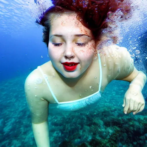 Prompt: medium shot of a teen with short brown hair completely underwater wearing a floral sundress, eyes closed, bright red lipstick, drowning, motion blur, long exposure, cinematic. Seed image is [3790640580, 3580780586, 658923803, 3389861569, 2223194009, 985530902, 1840572578]