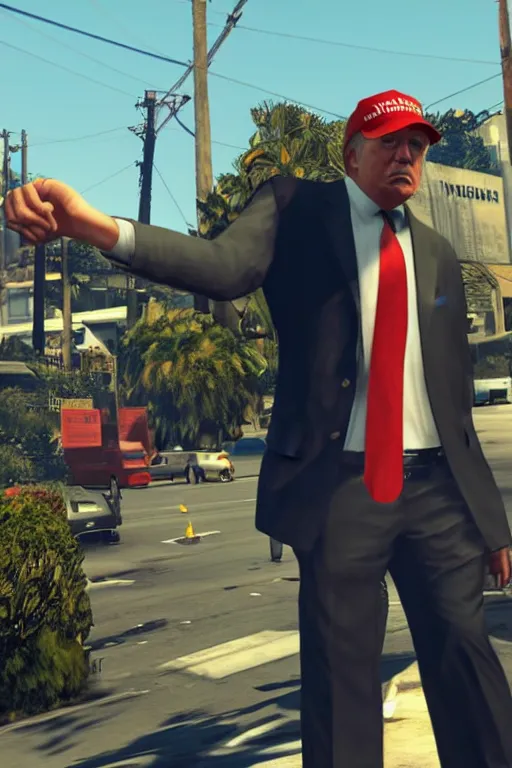 Prompt: Trump as a gangster in GTAV, screenshot, explosion