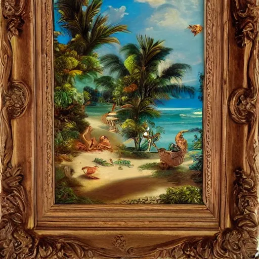 Image similar to tropical beach paradise, rococo art style, animals and birds, highly detailed