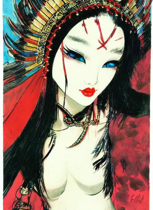 Image similar to svelt female korean vampiress, jeweled headdress, heavy mascara, strong line, saturated color, beautiful! coherent! by frank frazetta, high contrast, minimalism