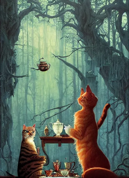 Image similar to cat having tea with a sorceress at a shrine in the woods gorgeous lighting, lush forest foliage blue sky a hyper realistic painting by chiara bautista and beksinski and norman rockwell and greg rutkowski weta studio, and lucasfilm