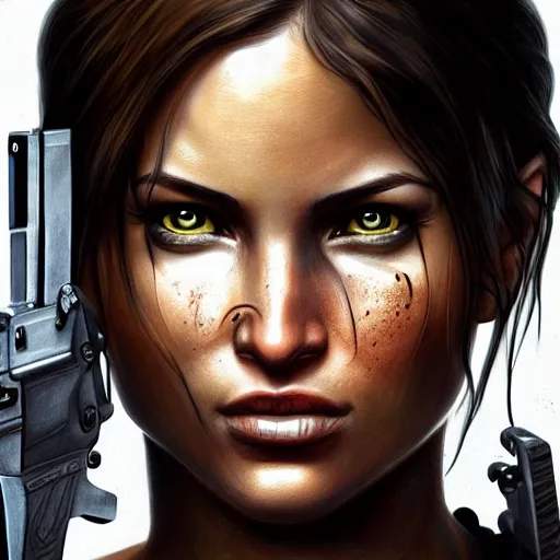 Image similar to lara croft, hyper detailed masterpiece, digital art painting, hyper realism aesthetic