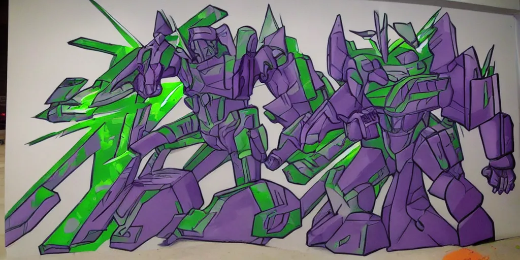 Image similar to decepticons transforming into 3 d! graffiti, arrows, paint drips, gradient shading, highly detailed, reflective