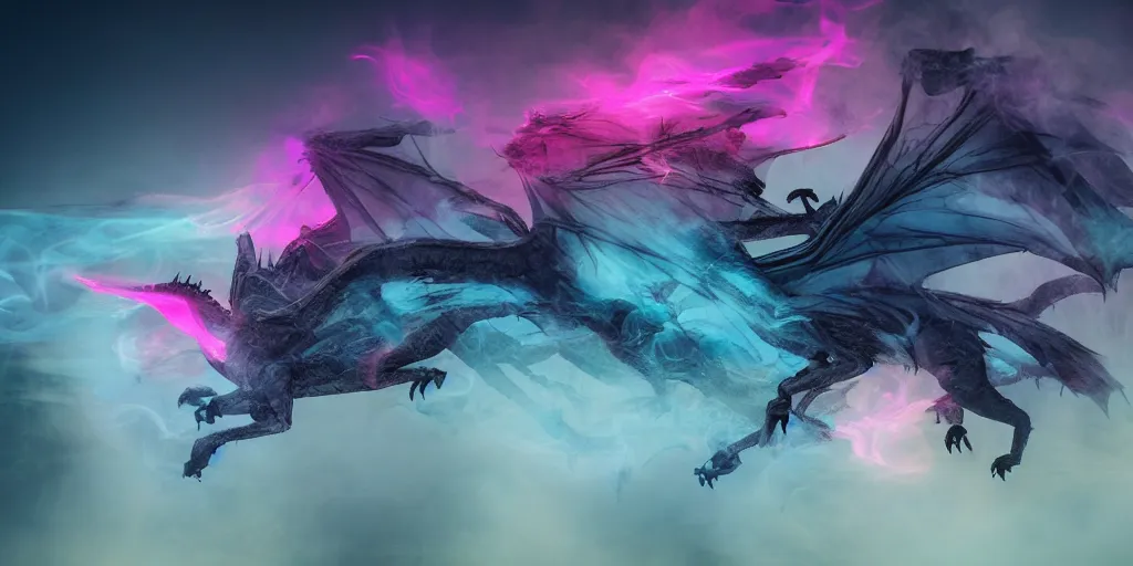 Prompt: dimly lit muted multi-color smoke (blues, greens), muted neon smoke, smoke (very smoky outline) reminiscent shape of fierce racing dragon with large outstretched wings flying, a distant vague city park faint landscape in the background, photographic, stunning, inspiring, super high energy, swift, fast, fleeting, 8K, 4K, UE5