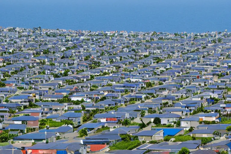 Image similar to loking down road, infinite houses lining the road, ocean, with the biggest town in the world, telephoto lens compression