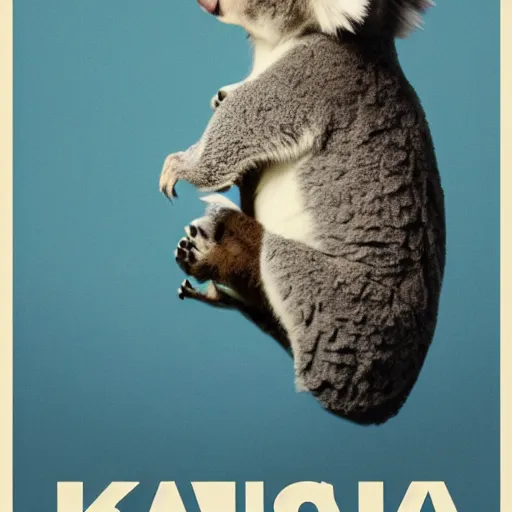 Prompt: Poster for a film about A man and his pet koala, the two characters in foreground, light blue background, minimalist, aesthetic, pinterest, simplistic, film grain, indie film