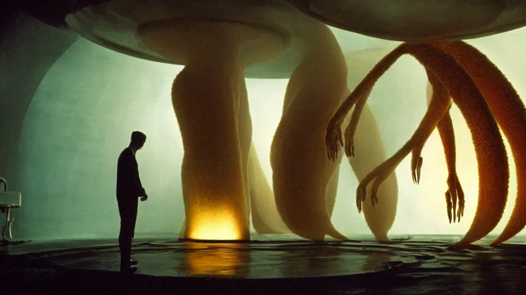 Image similar to glowing oil, in a giant vat, film still from the movie directed by denis villeneuve and david cronenberg with art direction by salvador dali and dr. seuss