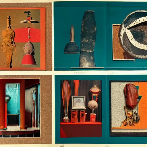 Image similar to A three color offset photography of objects on display, anthropology of wonder, exotic artifacts, bauhaus, colonial expedition, catalog exhibition, 60s style