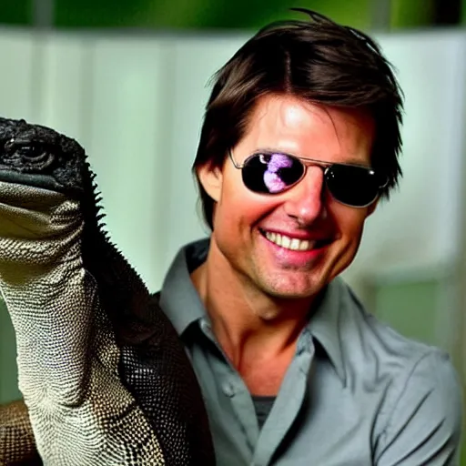 Prompt: photo of tom cruise with a pet komodo dragon,