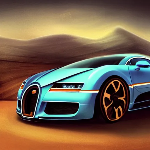 Image similar to epic portrait bugatti cars in cool roads, desert, shiny car, sunny weather, digital painting, artstation, concept art, soft light, hdri, smooth, sharp focus, illustration, fantasy, intricate, elegant, highly detailed, D&D, matte painting, in the style of Greg Rutkowski and Alphonse Mucha and artemisia, 8k, highly detailed, jurgens, rutkowski, bouguereau, pastoral, rustic, georgic, detailed concept art, illustration, colorful pastel, painting, detail, ultra detailed, digital art, 4K,