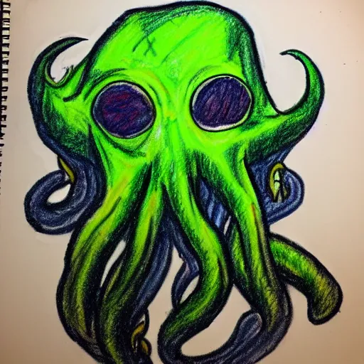 Prompt: crayon drawing of cthulhu drawn by a toddler