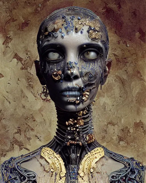 Image similar to A boney thin body girl humanoid with teared viscose clothes wearing a carved mineral mask with tiny mineral and gold incrustations, hyper detailed, insane details, intricate, elite, ornate, elegant, luxury, by Ismail inceoglu dragan bibin hans thoma greg rutkowski Alexandros Pyromallis Nekro Rene Maritte Illustrated, Perfect face, fine details, realistic shaded, fine-face, pretty face