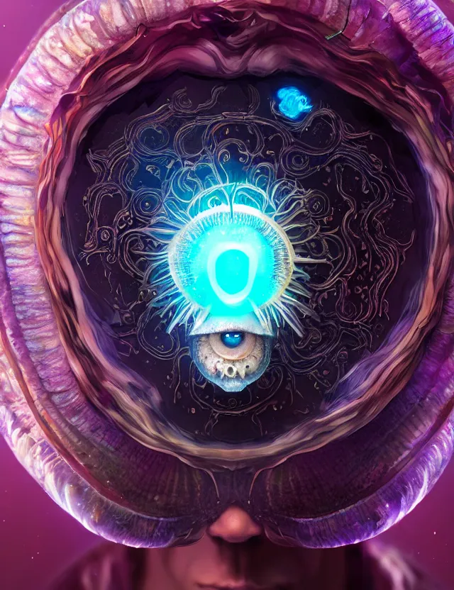 Image similar to eye of god macro close - up portrait with mask made of ram skull. betta fish, jellyfish phoenix, bioluminiscent, plasma, ice, water, wind, creature, super intricate ornaments artwork by tooth wu and wlop and beeple and greg rutkowski