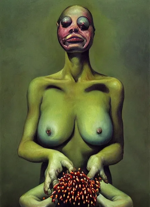 Image similar to Oil painting - She Eats of the Strangling Fruit and Her gossamer polyp blossoms bring iridescent fungal flowers whose spores like cordyceps black the foolish stars by Lucian Freud and Jenny Saville, Abstract brush strokes, Masterpiece, Edward Hopper and James Gilleard, Zdzislaw Beksinski, Mark Ryden, Wolfgang Lettl highly detailed, hints of Yayoi Kasuma