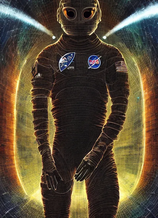 Image similar to astronauts in dark and empty void underwater - complex and hyperdetailed technical suit. reflection and dispersion materials. rays and dispersion of light. volumetric light. 5 0 mm, f / 3 2. noise film photo. flash photography. ultra realistic, wide angle. poster by wayne barlowe, hajime sorayama aaron horkey, craig mullins