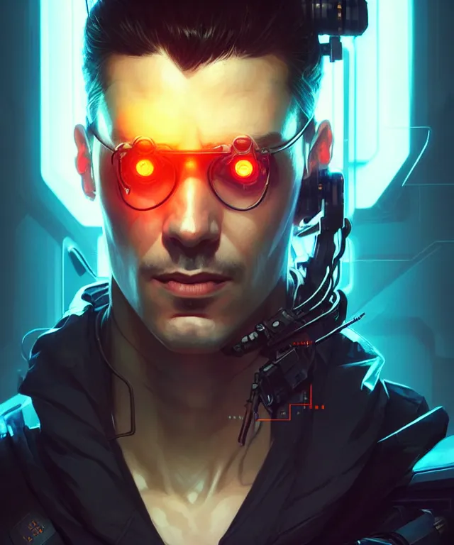 Prompt: cyberpunk hacker man portrait, sci - fi face, elegant, highly detailed, digital painting, artstation, concept art, smooth, sharp focus, illustration, art by artgerm and greg rutkowski and alphonse mucha